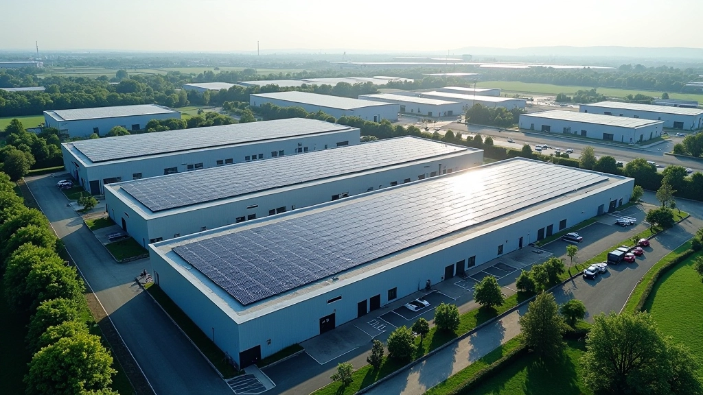 Vue aérienne d'usines industrielles avec panneaux solaires sur les toits en région Alsace