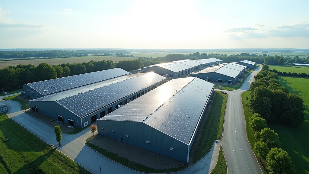 Vue d'une zone industrielle moderne avec installations de panneaux solaires et équipements verts