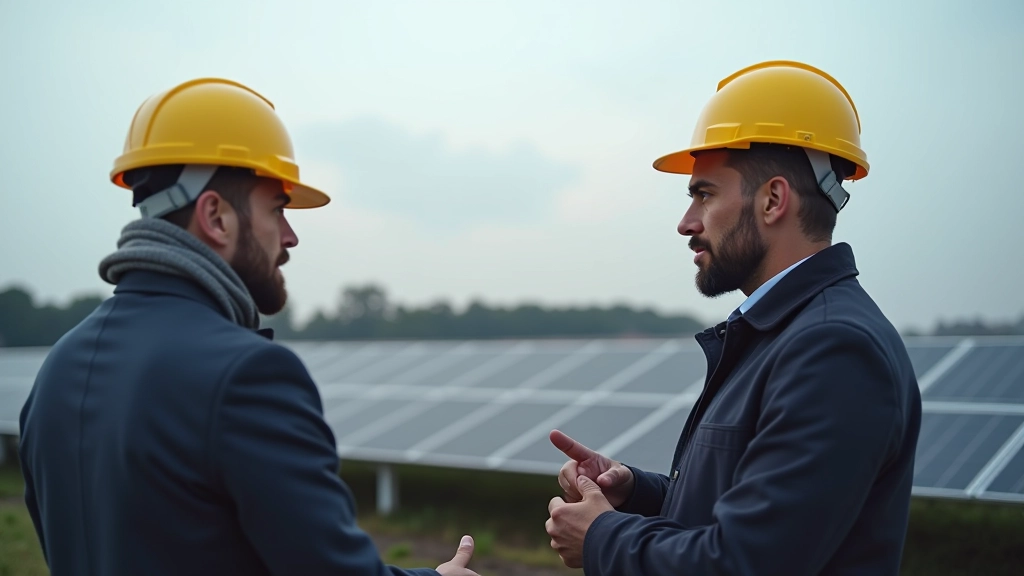 Groupe de travailleurs discutant devant des panneaux solaires dans une usine de technologie verte